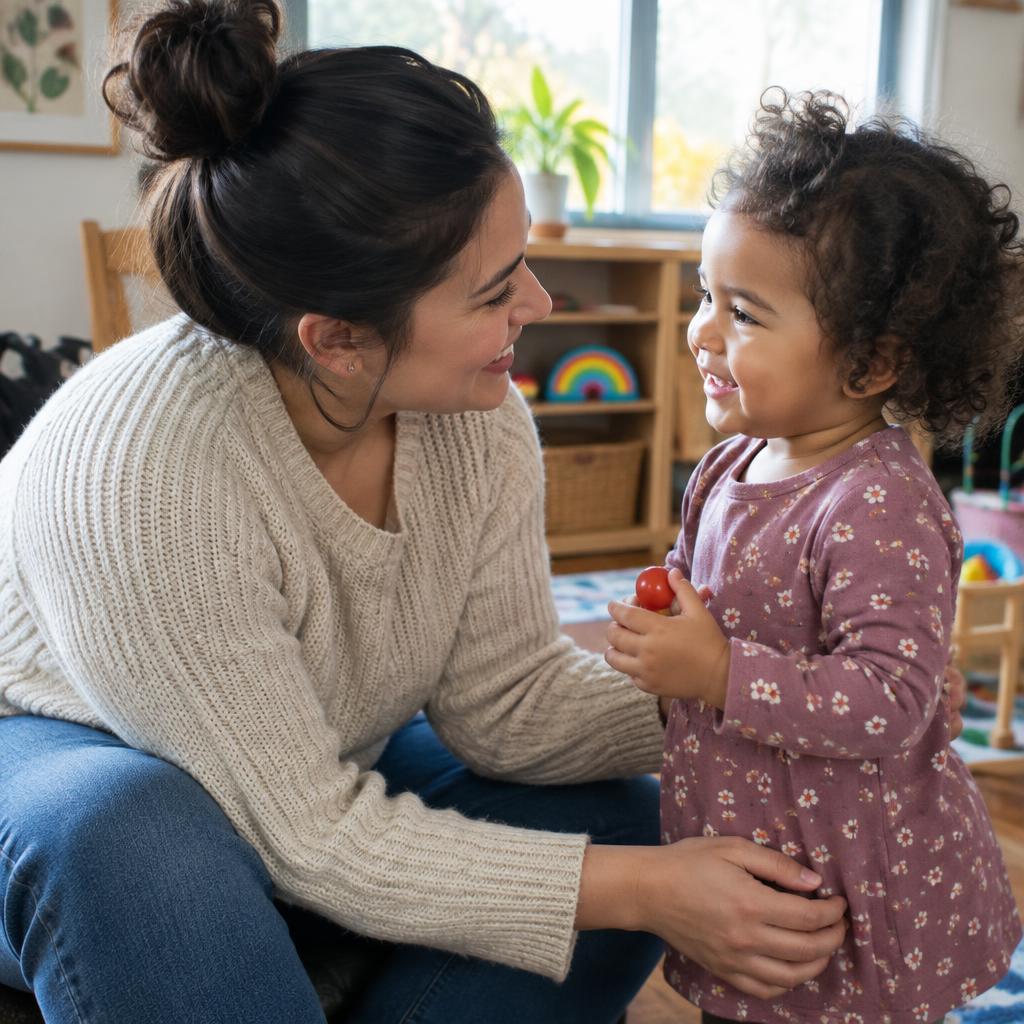Caregiver speaking warmly with a toddler